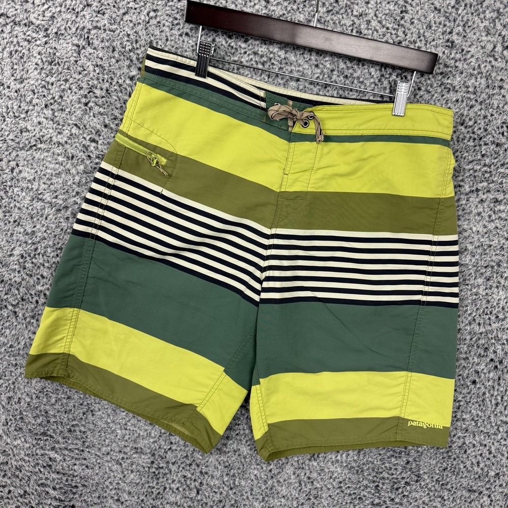 Patagonia Board Shorts Mens 36 Green Stripe Surf Swim Drawstring Zip Pocket